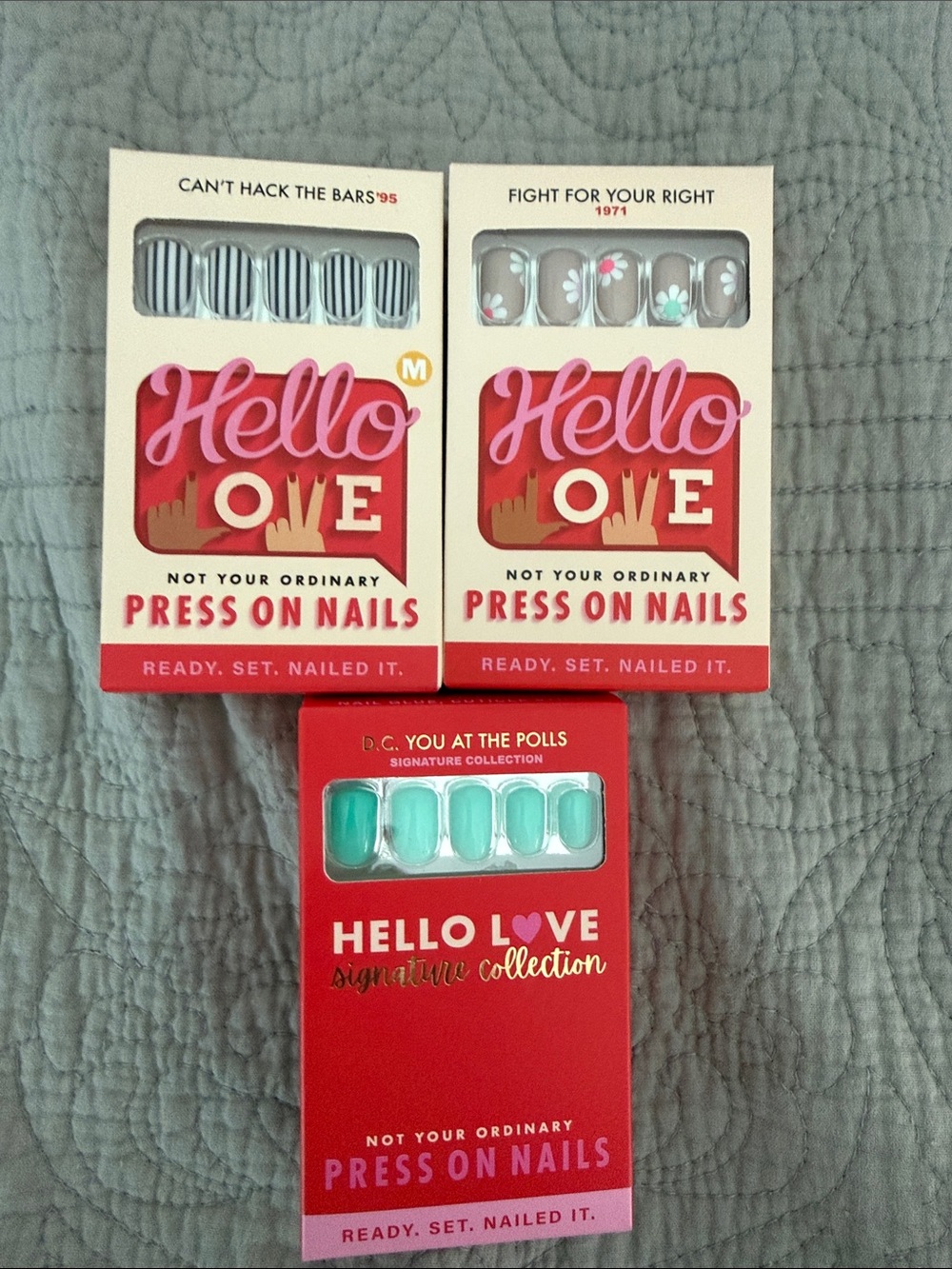 Hello Love Press-On Nails - Mint Green, Gray & Striped & Floral Sets